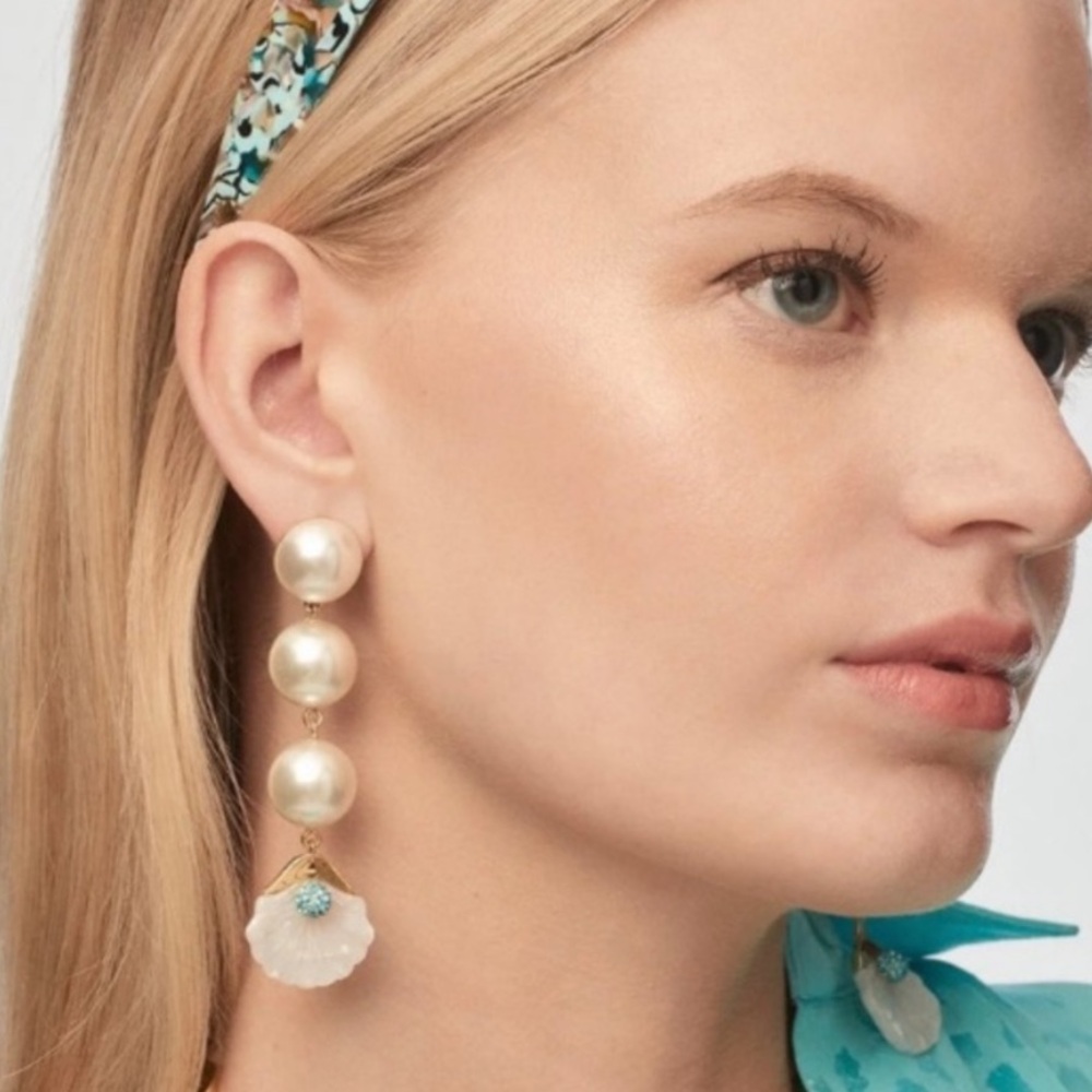 LELE Sadoughi pearl shell with blue crystal long drop earrings